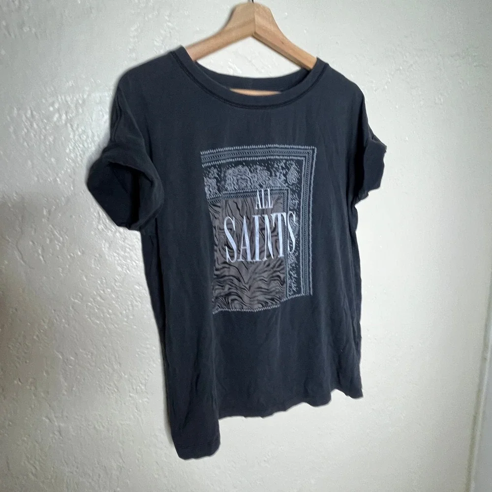 AllSaints Gray Cuffed Graphic T-Shirt Box Logo Cotton Tee Mens M/L Womens L - Picture 2 of 9
